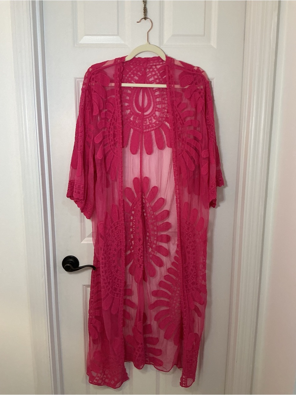 Boho Chic Hot Pink Sheer Embroidered Lace Maxi Kimono Duster